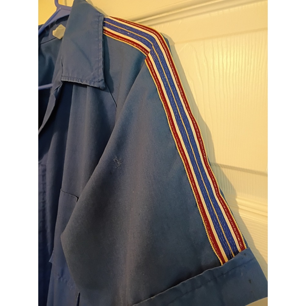Vintage Blue Racing Stripe Short Sleeve Coveralls Mechanic Jumpsuit Mens XL - Picture 2 of 8
